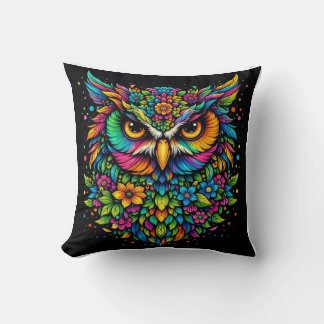 Colourful Floral Owl Pillow – Vibrant Rainbow Boho