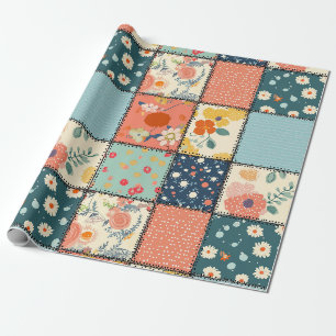 Colourful Floral Patchwork Quilt with Playful Prin Wrapping Paper