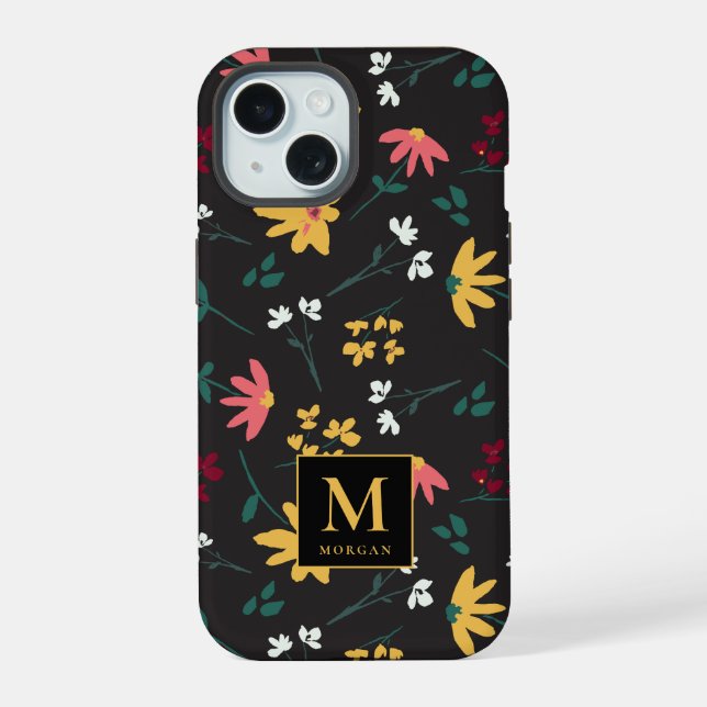 Colourful Floral Pattern Black Personalized  iPhone 15 Case (Back)