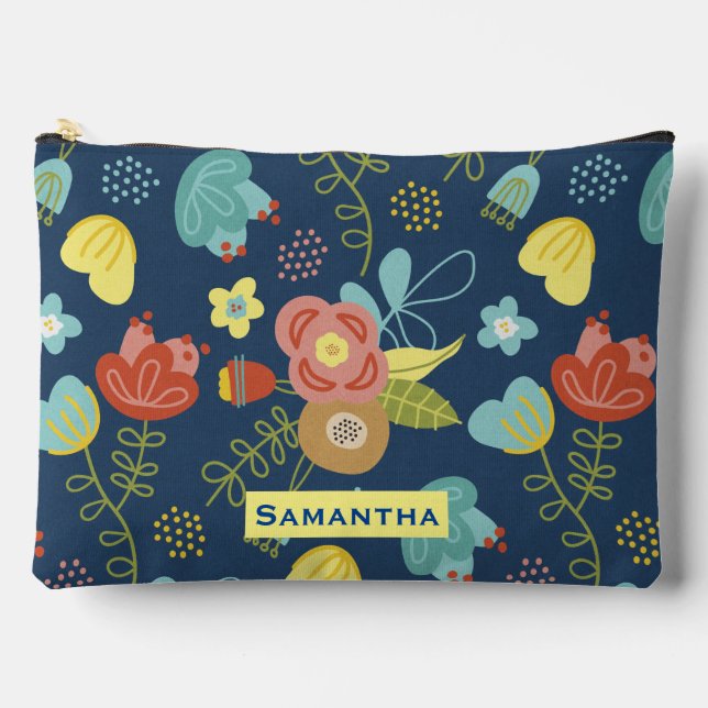 Colourful Floral Pattern Dark Blue Personalised Accessory Pouch (Front)