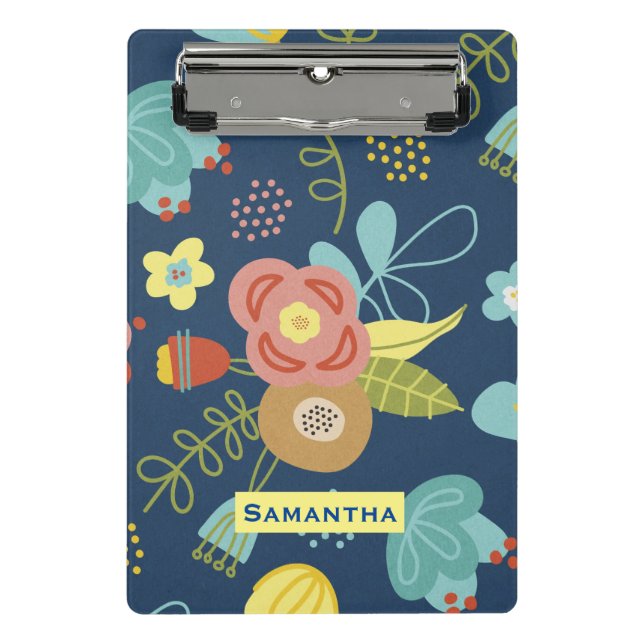 Colourful Floral Pattern Dark Blue Personalised Mini Clipboard (Front)