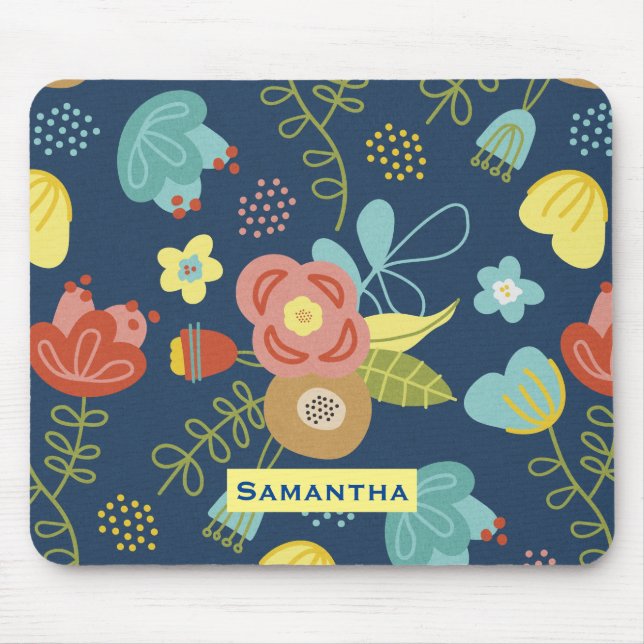 Colourful Floral Pattern Dark Blue Personalised Mouse Pad (Front)