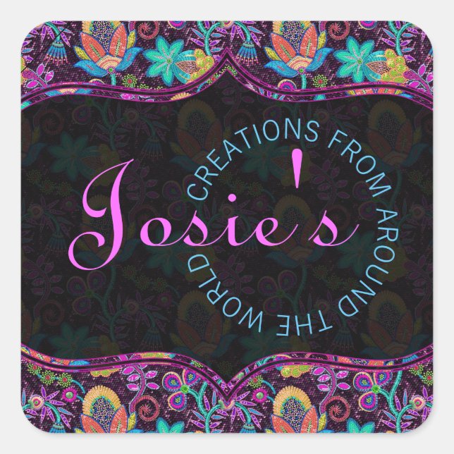 Colourful Floral Pattern Glass Beads Look Square Sticker (Front)