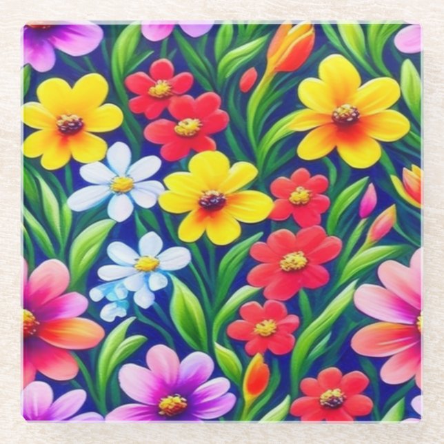 Colourful floral pattern glass coaster (Front)