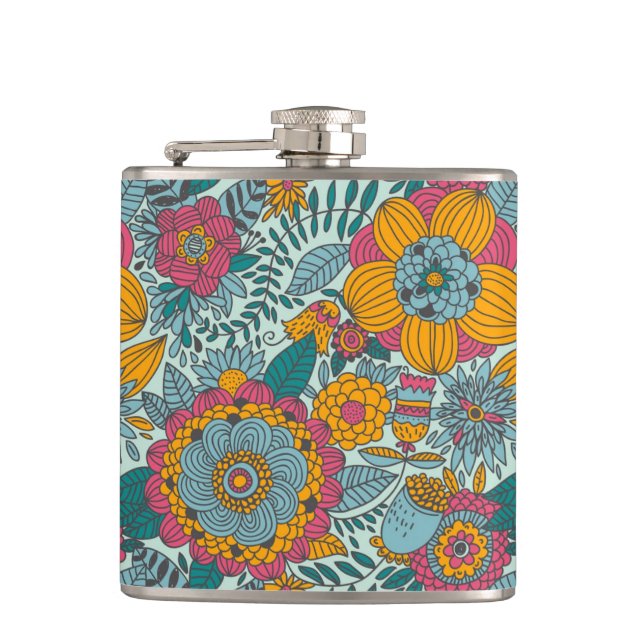 Colourful floral pattern hip flask (Front)