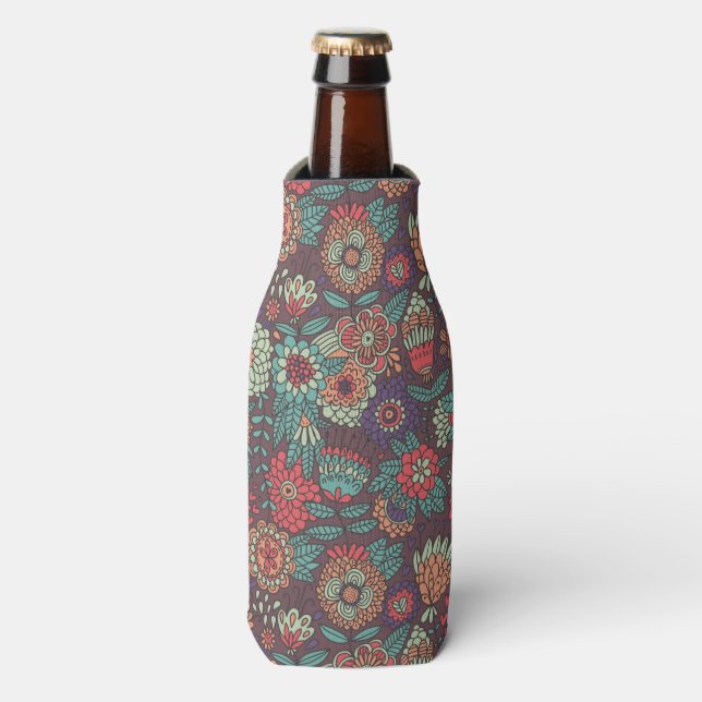 Colourful floral pattern in cartoon style bottle cooler (Bottle Front)