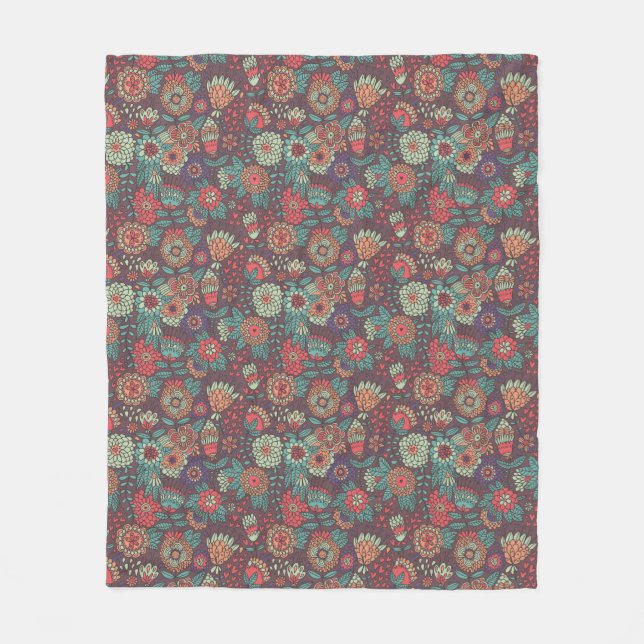 Colourful floral pattern in cartoon style fleece blanket (Front)