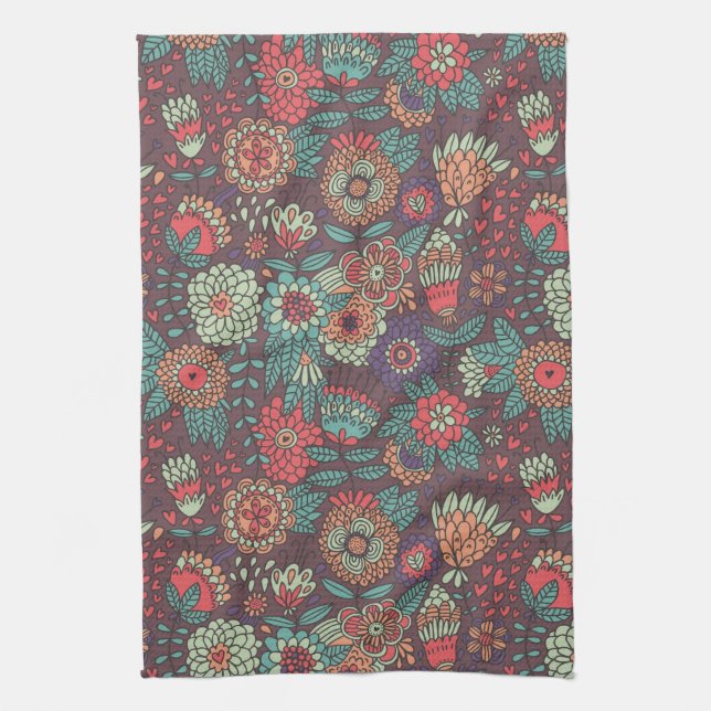 Colourful floral pattern in cartoon style kitchen towel (Vertical)
