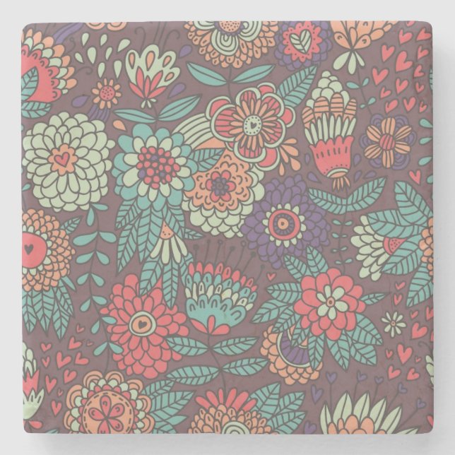 Colourful floral pattern in cartoon style stone coaster (Front)