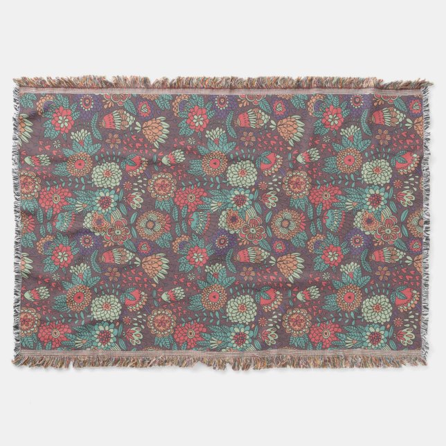Colourful floral pattern in cartoon style throw blanket (Front)