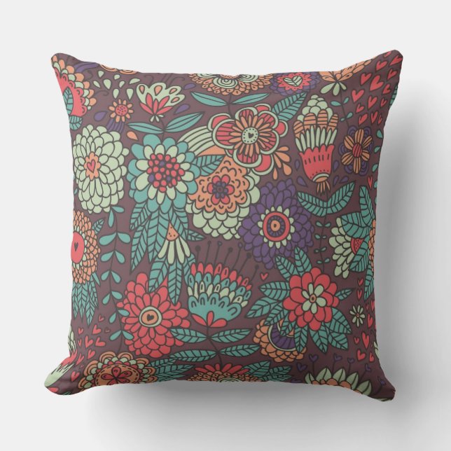 Colourful floral pattern in cartoon style throw pillow (Front)