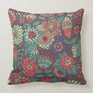 Colourful floral pattern in cartoon style throw pillow