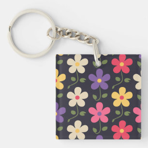 Colourful Floral Pattern on Dark Background Keychain