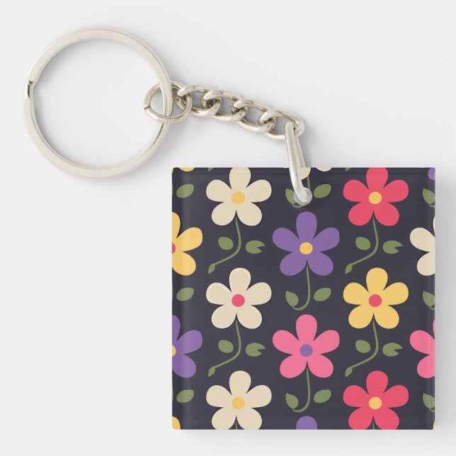 Colourful Floral Pattern on Dark Background Keychain (Front)