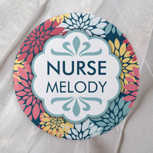 Colourful Floral Pattern RN Name 6 Inch Round Button