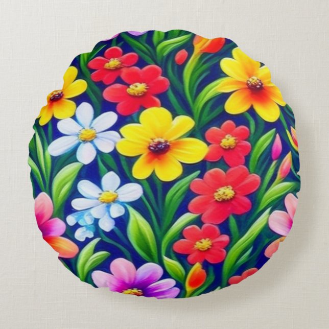 Colourful floral pattern round pillow (Front)