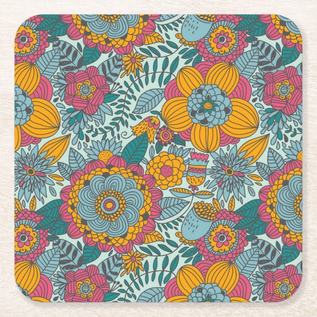 Colourful floral pattern square paper coaster (Front)