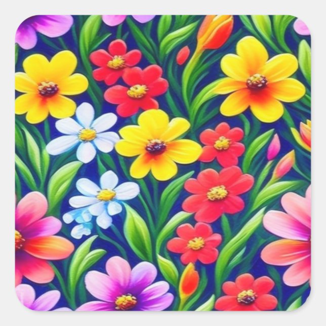 Colourful floral pattern square sticker (Front)