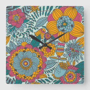 Colourful floral pattern square wall clock