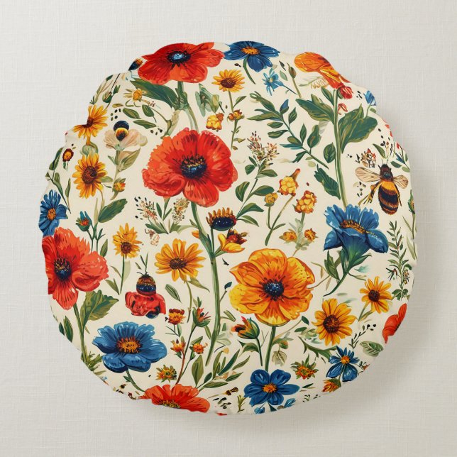 Colourful Floral Pattern With Bees Round Pillow (Front)
