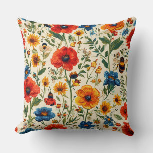 Colourful Floral Pattern With Bees Throw Pillow
