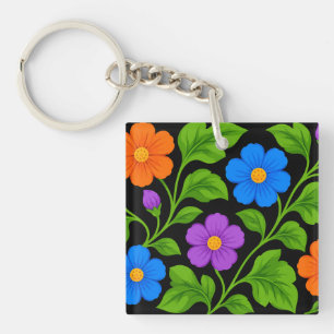 Colourful Floral Pattern with Green Foliage Keychain