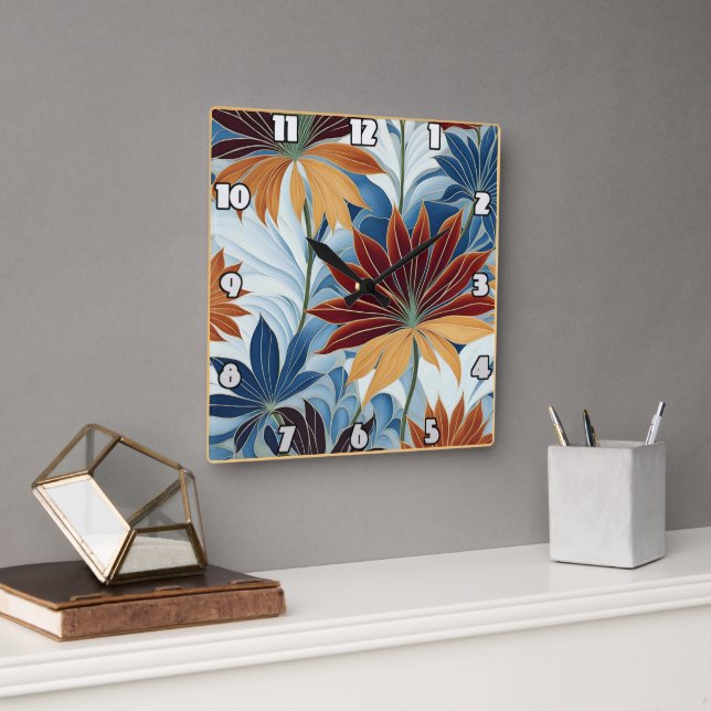 Colourful Floral Pattern With Leaves and Blooms Square Wall Clock (Office)
