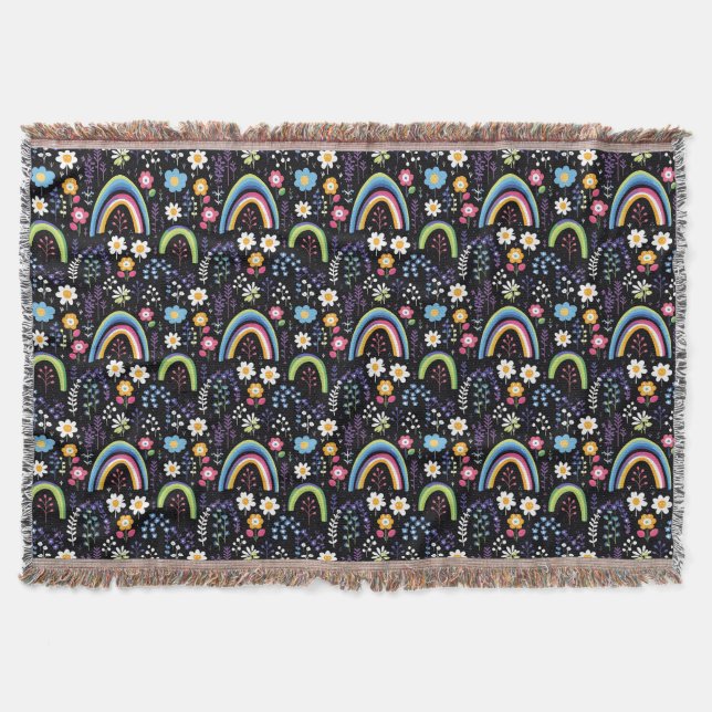 Colourful Floral Pattern with Rainbows and Trees Throw Blanket (Front)