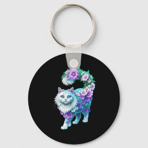 Colourful Floral Patterns Vintage Flowers Art Cat Keychain