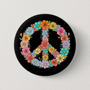 Colourful Floral Peace Sign Hippie Retro Flower 2 Inch Round Button