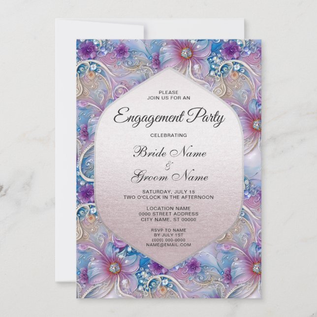 Colourful Floral Pearly Gems Engagement Invitation (Front)