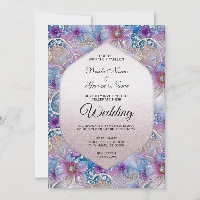 Colourful Floral Pearly Gems Wedding Invitation (Front)