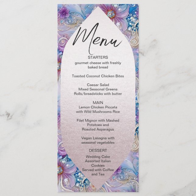 Colourful Floral Pearly Gems Wedding Menu (Front)