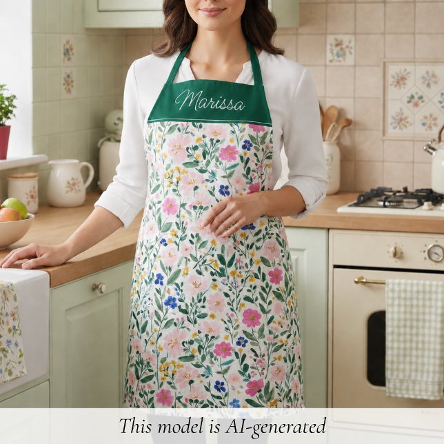 Colourful Floral Personalized  Apron (elegant colorful floral apron with monogram name in script, personalized gift for foodies and chefs )