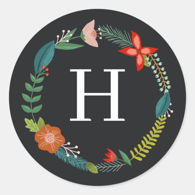 Colourful Floral & Pine Monogram Holiday Classic Round Sticker (Front)