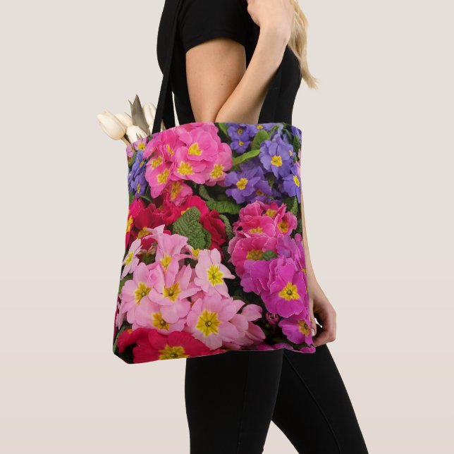 Colourful Floral Pink Blue Purple Primula Flowers Tote Bag (Close Up)