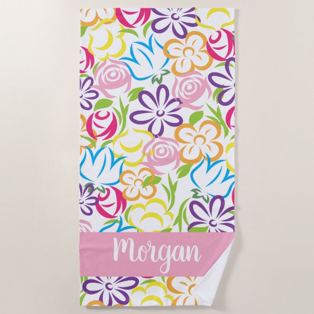 Colourful Floral Print Personalized Beach Towel (Front)