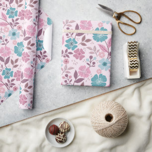 Colourful Floral Print - Teal Wrapping Paper Roll