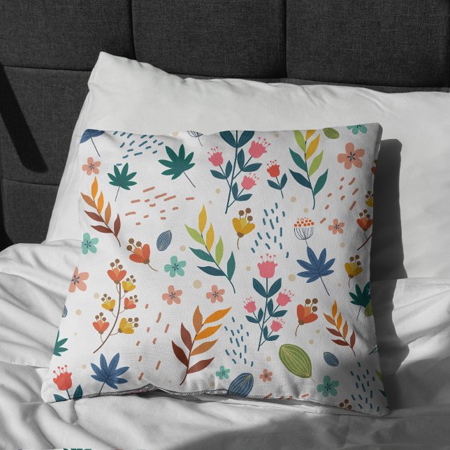 Colourful Floral Print Throw Pillow (Colorful Floral Print Pillow on bed)