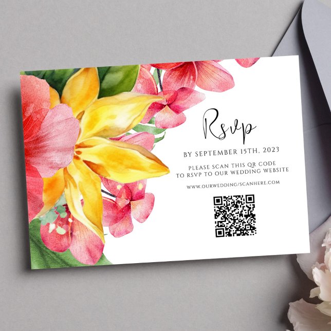 Colourful Floral QR Code Tropical Wedding RSVP Card (Colorful Floral QR Code Tropical Wedding RSVP Card)