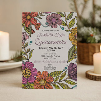 Colourful Floral Quinceañera Vibrant Folk Art Invitation