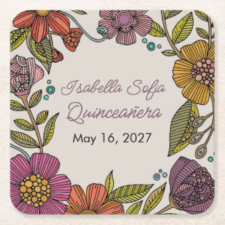 Colourful Floral Quinceañera Vibrant Folk Flowers Square Paper Coaster