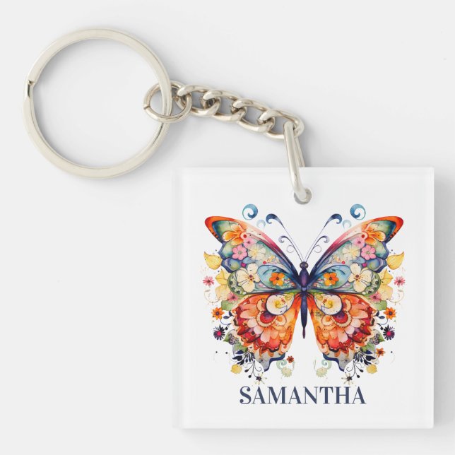 Colourful Floral Retro Butterfly Keychain (Front)