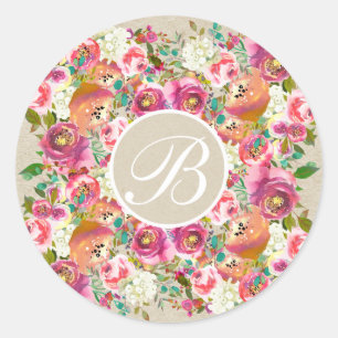 Colourful Floral Rustic Kraft Monogram Custom Favo Classic Round Sticker