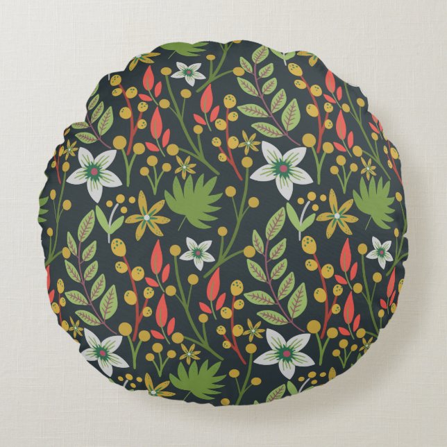 Colourful floral seamless pattern flowers and leav round pillow (Front)