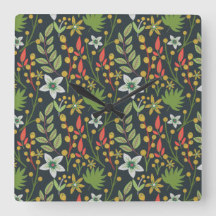 Colourful floral seamless pattern flowers and leav square wall clock