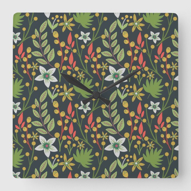 Colourful floral seamless pattern flowers and leav square wall clock (Front)