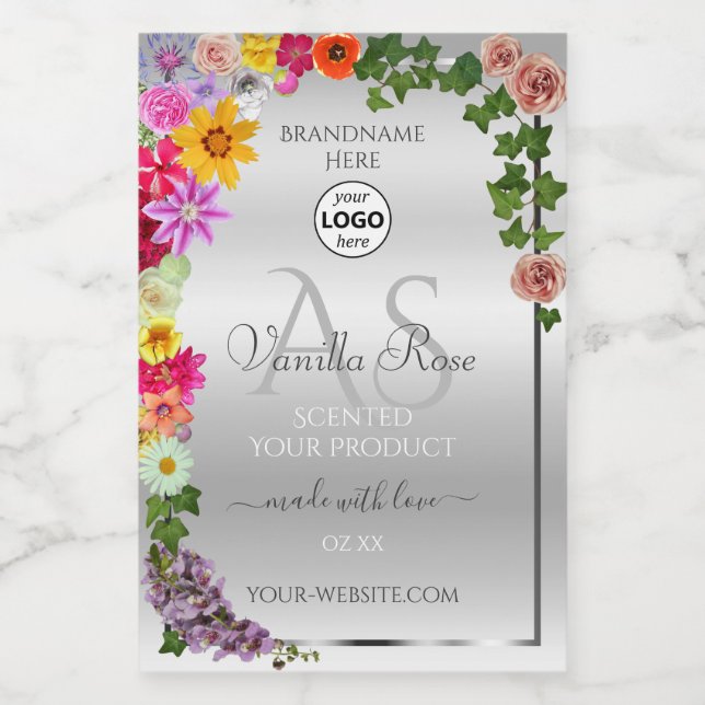 Colourful Floral Silver Product Label Monogram Log (Single Label)