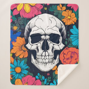 Colourful, Floral Skull Art Sherpa Blanket