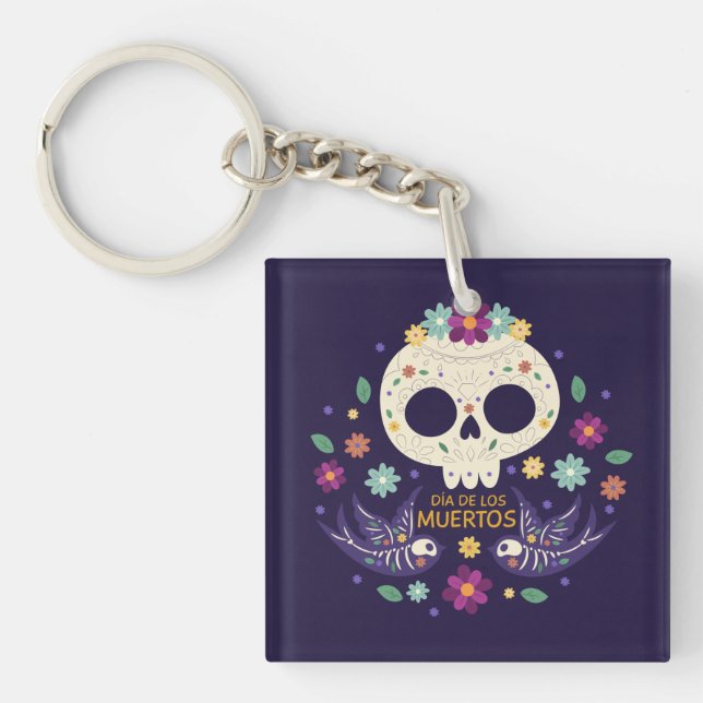 Colourful Floral Skull Dia de Muertos | Keychain (Front)